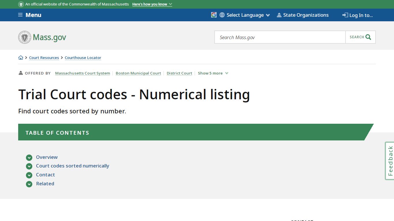 Trial Court codes - Numerical listing | Mass.gov
